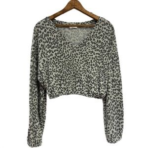 Altar’d State Leopard Print Crop Top Large Gray Long Sleeve Cinched Hem NWT